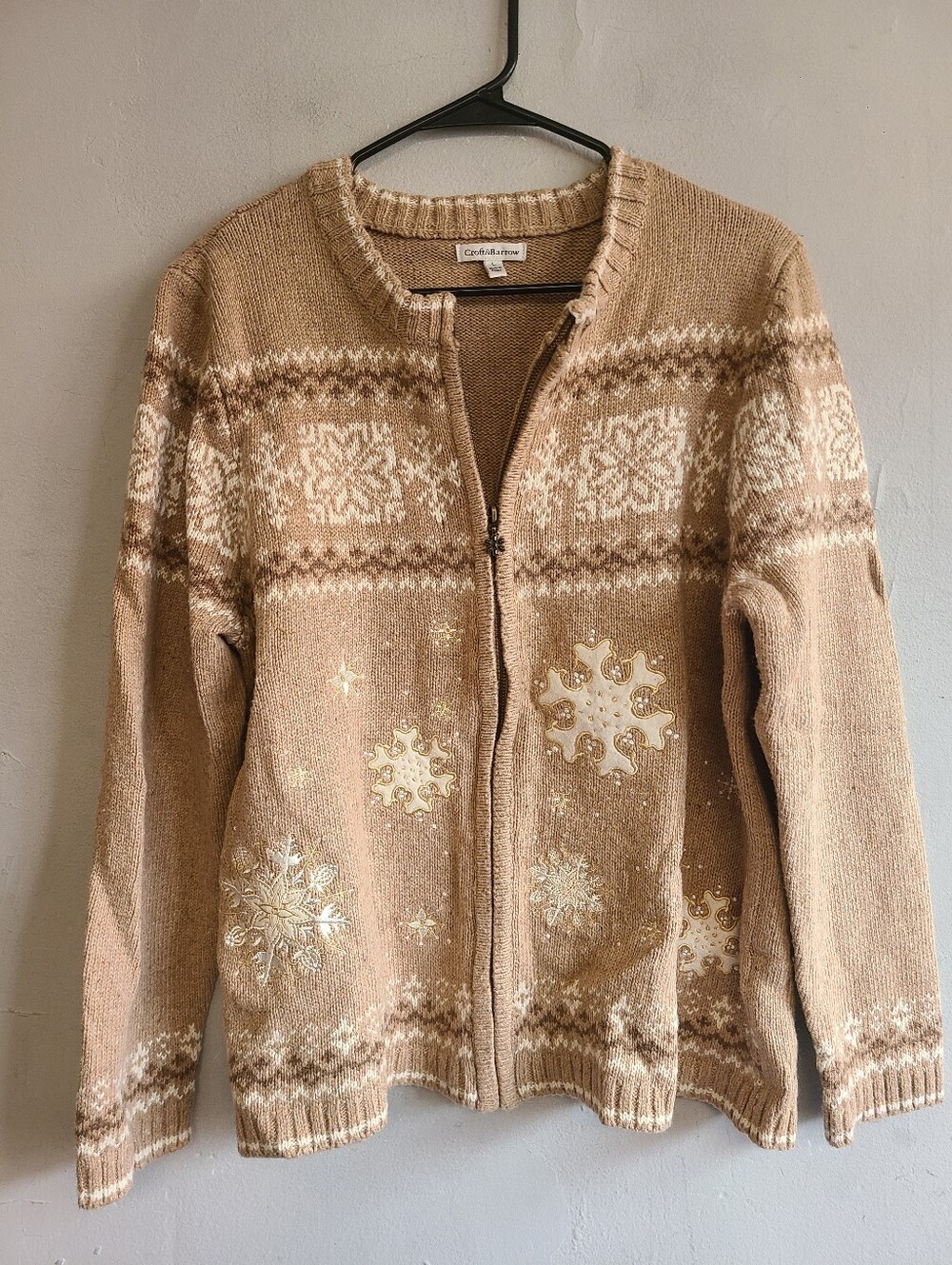 Women's large brown/tan argyle snowflake zip-up cardigan w/gold metallic accent